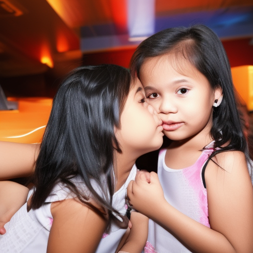 two Little melayu girl kissing in night club 