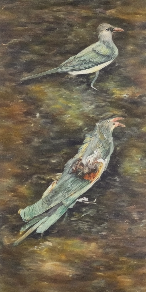 a oil painting of A bird's corpse in the water