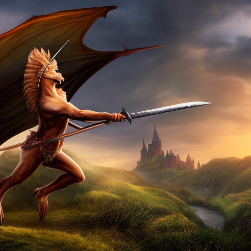 Create an image of a brave hero standing in front of a mythical creature, such as a dragon, unicorn or griffin. The hero should be holding a sword and have a determined look on their face, ready for battle. In the background, there should be a grand and mystical castle, surrounded by lush green forests and rolling hills. The colors used should be vibrant and the overall scene should give off a sense of adventure and excitement.
