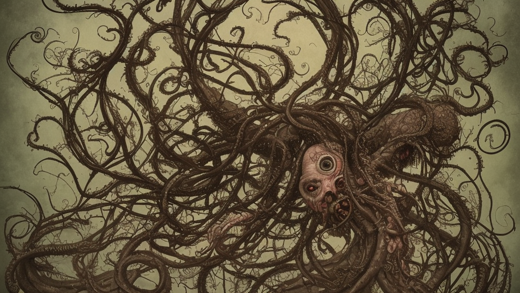 centered horrifying detailed portrait of a insane, crazed, mad old bald zombie, muted colors, eldritch abomination, dunwitch horror, lovecraft bleeding ornate tentacles growing around, ornamentation, thorns, vines, tentacles, elegant, beautifully soft lit, full frame, 8 k by wayne barlowe, peter mohrbacher, kelly mckernan, h r giger