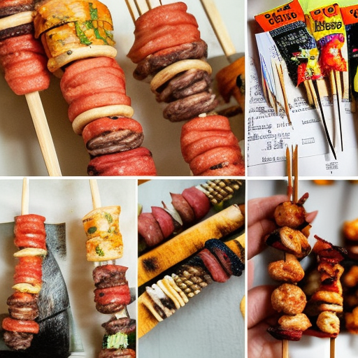Create an artwork featuring various skewered meat snacks
