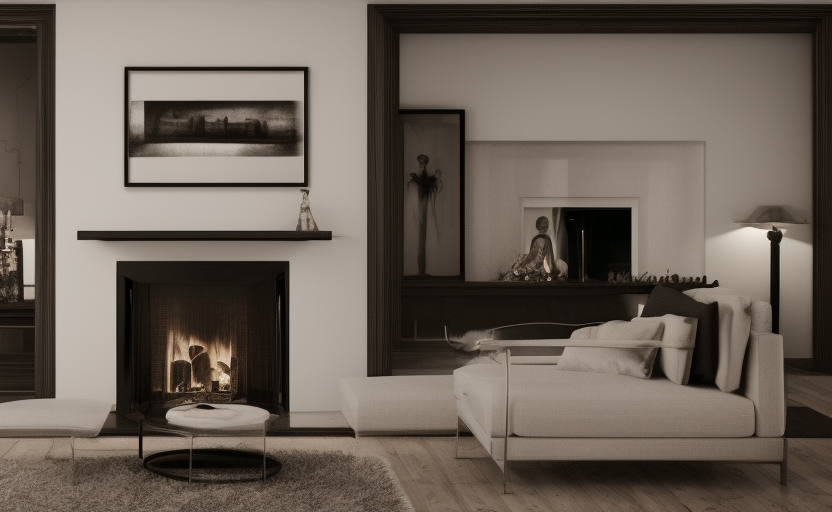 Spanish style living room with large fireplace but empty wall ultra-realistic portrait cinematic lighting 80mm lens, 8k, photography bokeh oil painting on canvas black and white pencil illustration high quality
