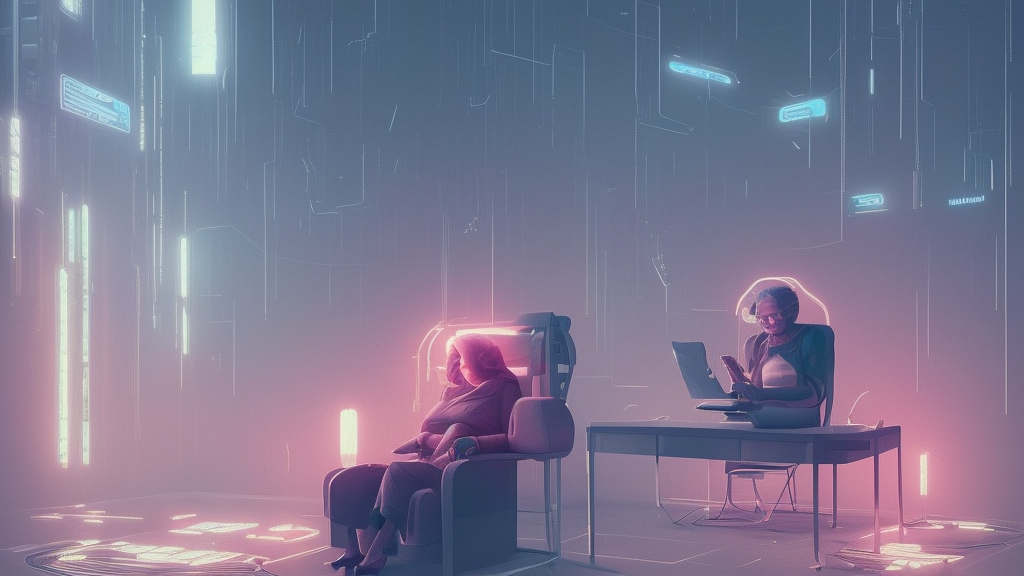 a grandmother sitting in a chair, cyberpunk art by mike winkelmann, trending on cgsociety, retrofuturism, reimagined by industrial light and magic, darksynth, sci - fi