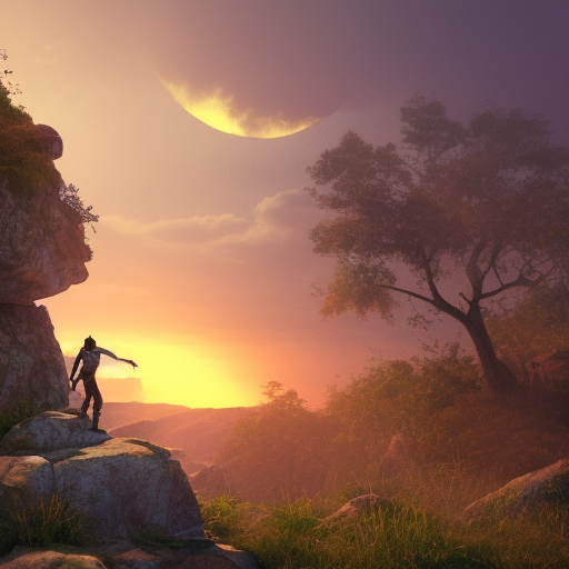 Man on some rocky spot with an orange sky, late afternoon sun, in hdr, glow, matepainting style, realistic, fantasy place, unreal engine