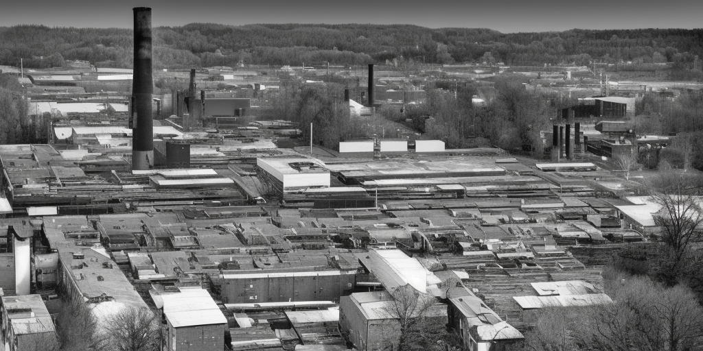 A black and white painting of a factory in Wuppertal, a very close-up shot. It's a clear and bright day. In the center of the picture, a brick chimney rises up, dominating the upper half of the image. In the background, behind the industrial building, there is a tree. Actually, everything except for the chimney is in a deep, dark shadow. The chimney, on the other hand, as the tallest object, rises phallically and reaches out to the sunlight as if it were a tree turning towards its source of nourishment. The other tree, which is not just like a tree, but a real tree, is only a dark outline. Would it be a bit too overblown if I were to say: Here, the human work of capitalism rises above natural creativity, showing its strength and pride, without realizing that its downfall is already embedded in this outstanding pride? Or is a chimney sometimes just a chimney?