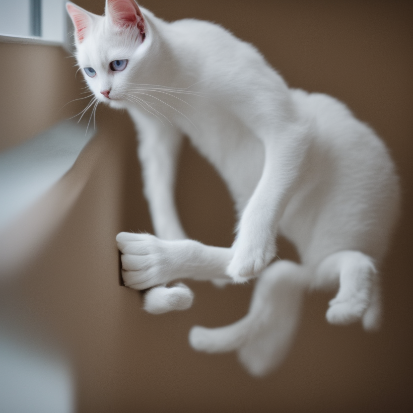 Low angle view. A super cute baby white cat lying on the windowsill with big innocent eyes, unhappy, adorable, wronged face. photography, bright, light transmitted through the window, realism, octane engine render,

