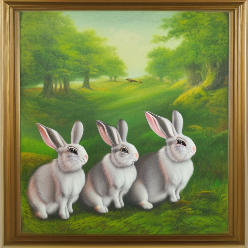 group of rabbits in the green forest, artwork oil painting on canvas