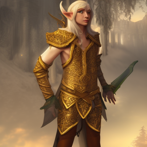 male elf bard, golden clothes, flute, artstation, unreal engine 5, 8k resolution, realistic, tundra background, matte painting, highly detailed, full details, full body shot, distant shot, head portrait