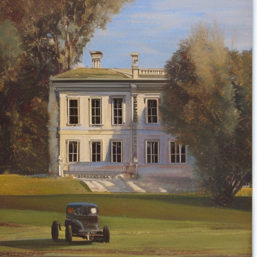 A mansion in front of him is an old car oil painting on canvas