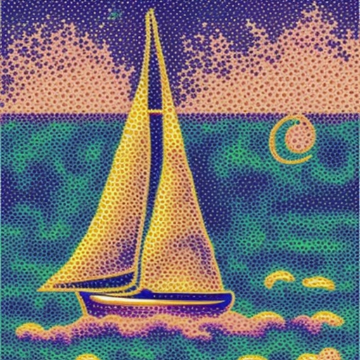 Pointillism style, yacht, sail, black sea, stars and romantic surroundings, soft pink color, delicate golden glow, the beauty of the moment 