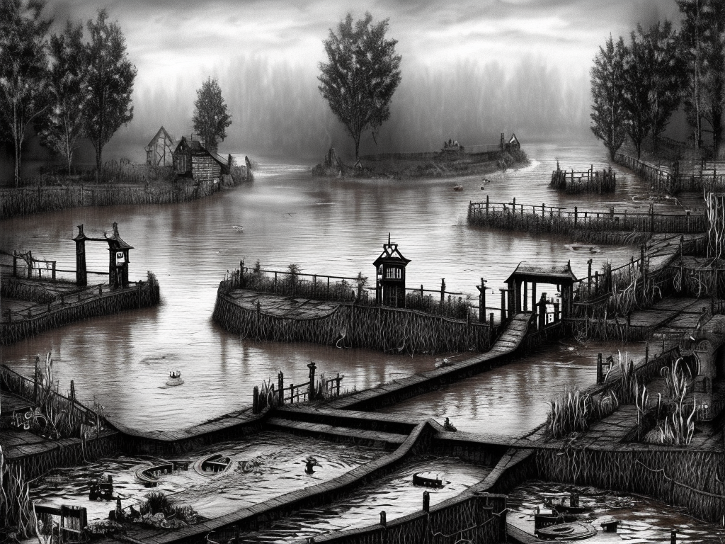 dark medieval wide straight river, Warhammer fantasy, lock with two sluices between island and shore, levelled water, lock gates, one house, rocks, summer, trees, nets, fishing, fish, water-lily, boat, black adder, muddy, puddles, misty, overcast, Dark, creepy, grim-dark, gritty, detailed, realistic, illustration, high definition
