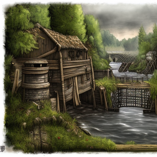 dark medieval wide river, river lock with two sluices between island and shore, two water levels, Warhammer fantasy, rocky rapids, single building, summer, trees, fishing, nets, black adder, misty, overcast, Dark, creepy, grim-dark, gritty, Yuri Hill, hyperdetailed, realistic, illustration, high definition