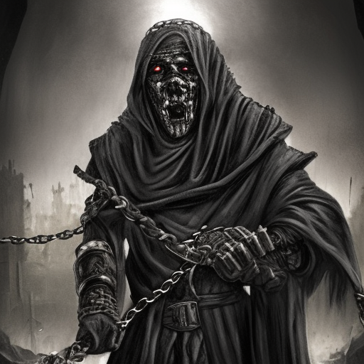 sorcerer disciple of Belakor in black hood in medieval dark alley, belt made from chains, soot-covered face, iron nails, black shadow magic, Warhammer fantasy, creepy, grim-dark, gritty, realistic, illustration, high definition