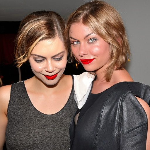 Blonde Lauren Cohan with red lipstick mixed with Troy Baker