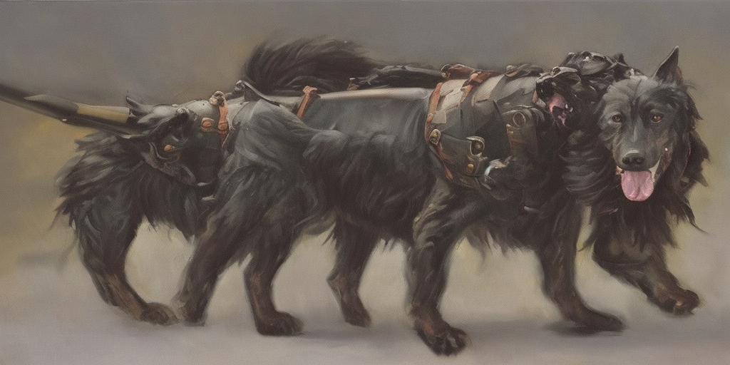 a oil painting of First thought: Cerberus, this could be a good dog, a dog that is sometimes a bit much, but a good dog, that could be him. Second thought: damned tanks, damned sword, damned war culture – all the shit that forces me to run around fully armored. Third thought: ZERRRRBERUS is one, as I am, one of the youngsters who had a sword pressed into their hands without being asked. Thought gap: Breath Fourth thought: OOOO ZERRREBERUSSS, the great Hades, who is basically the same as us, only appears big and strong on the outside. Thought gap: Schnauf, Schnauf Fifth thought: Let's be honest: He doesn't appear like that anymore, he lets himself appear, uses as figures who, without having to show himself, play his stronger, greatness. Sechter thought: Oh Cerberus, the life of another, that's what our lives have in common. 