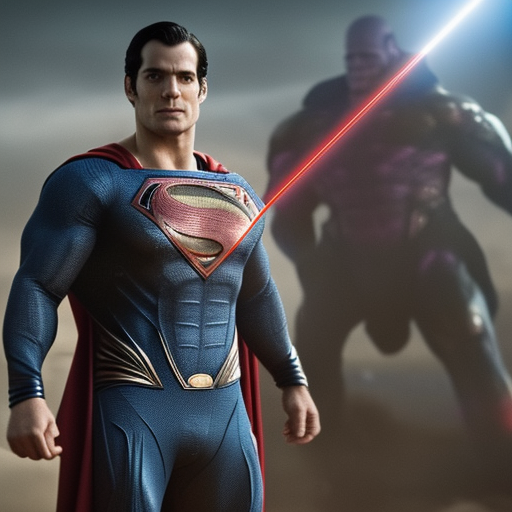 Superman Henry Cavill firing laser eyes against  Thanos, highly detailed, 8K quality, cinematic experience, 