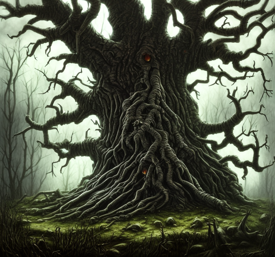 dark medieval, gnarled tree with offerings, Warhammer fantasy, summer, trees, misty, overcast, Dark, creepy, grim-dark, gritty, Yuri Hill, hyperdetailed, realistic, illustration, high definition, 4K, oil on canvas