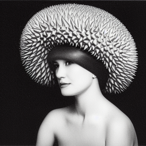 photo of a woman wearing a hat on her head. the hat is shaped like a durian, photorealistic, 8k.