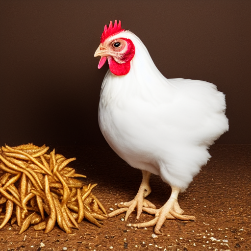 A professionally photographed portrait of a chicken dominique eating mealworms