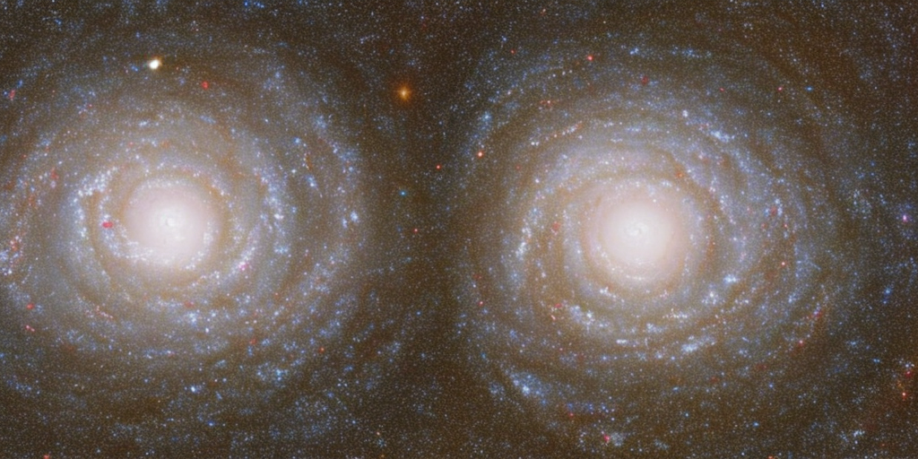 a 3d rendering of a Beautiful spiral galaxy NGC 6744 is nearly 175,000 light-years across, larger than our own Milky Way. It lies some 30 million light-years distant in the southern constellation Pavo, its galactic disk tilted towards our line of sight. This Hubble close-up of the nearby island universe spans about 24,000 light-years across NGC 6744's central region in a detailed portrait that combines visible light and ultraviolet image data. The giant galaxy's yellowish core is dominated by the visible light from old, cool stars. Beyond the core are pinkish star forming regions and young star clusters scattered along the inner spiral arms. The young star clusters are bright at ultraviolet wavelengths, shown in blue and magenta hues. 