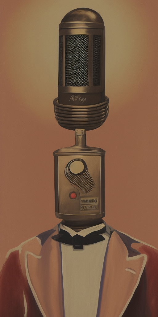 a painting of an living Microphone with an face in front of the Grand Budapest Hotel