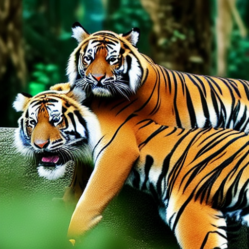 a tiger getting lovingly carried by an orang hutan