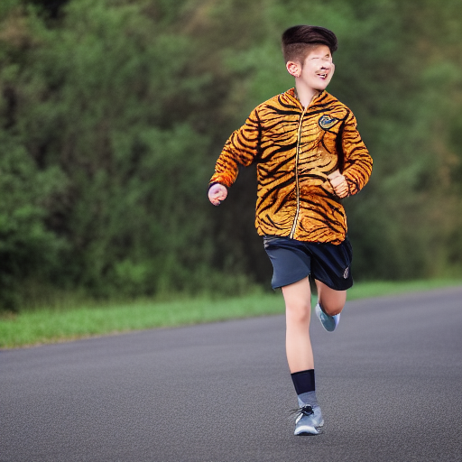 A teenager with a tiger face wearing a suit jacket and running shorts. 