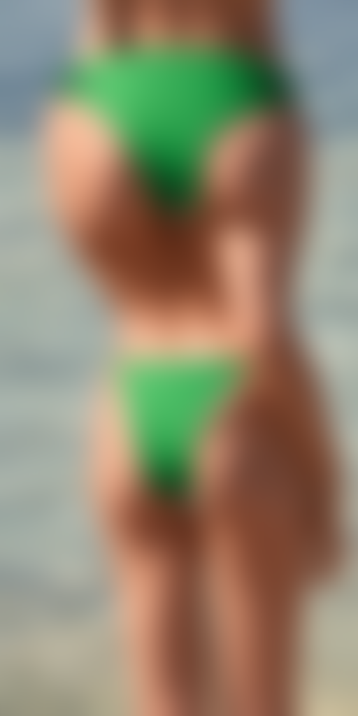a blonde woman in a green tiny bikini seen from behind, thin back and wide hips, legs bended photorealistic