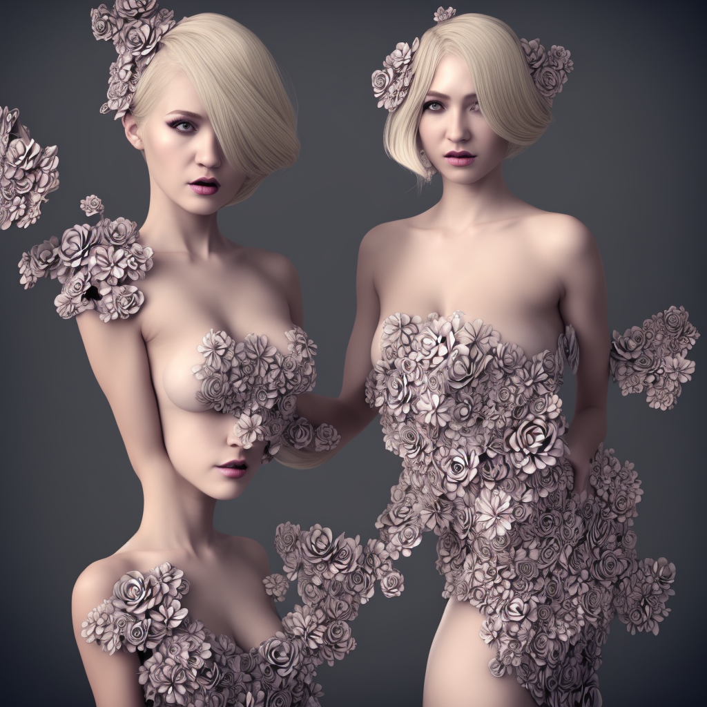 beautiful blonde lady in a 3D flower dress , hyperrealistic, ultra detailed, octane render, symmetric, 3d, majestic, dark fantasy, intricate