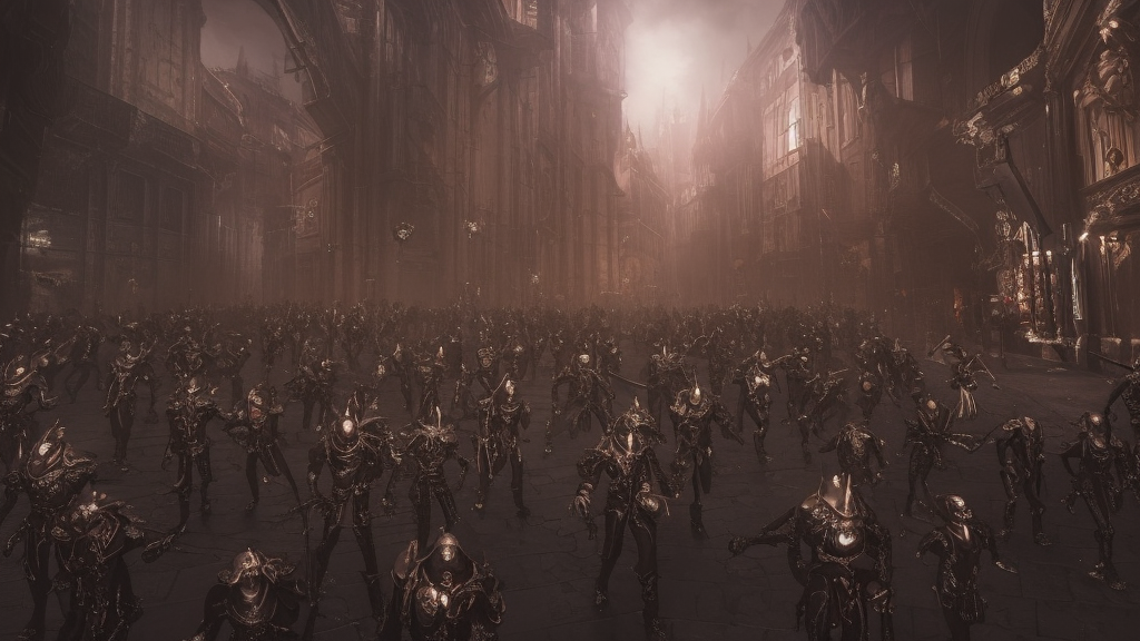 army of slender gothic space-marines from warhammer in the streets of a baroque cyberpunk metropolis, daylight, grimdark, ultra wide shot, hypermaximalistic, photorealistic high details, photography 8k resolution, beautiful detailed, insanely intricate details, artstation trending, octane render, unreal engine