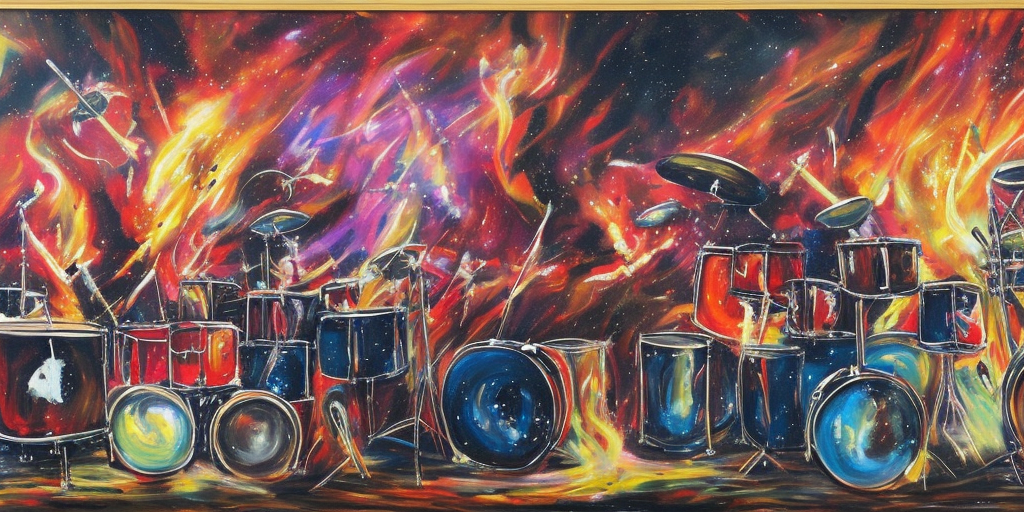 a painting of Exploding drummers and cosmic keyboardists