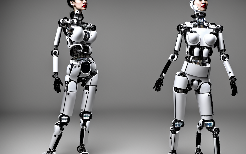 very realistic full body fashion model dressed in robotic parts shaped to her body
