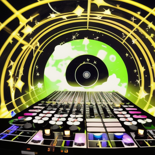 party dj music club on a spaceship with windows showing the vast universe, stars everywhere, beautiful hyper reality