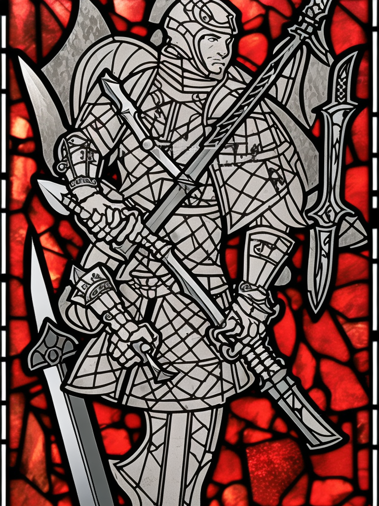 stained glass, a young aggressive evil gladiator holding a big demonic sword, Warhammer fantasy, Diablo, black and red, grim-dark, detailed
