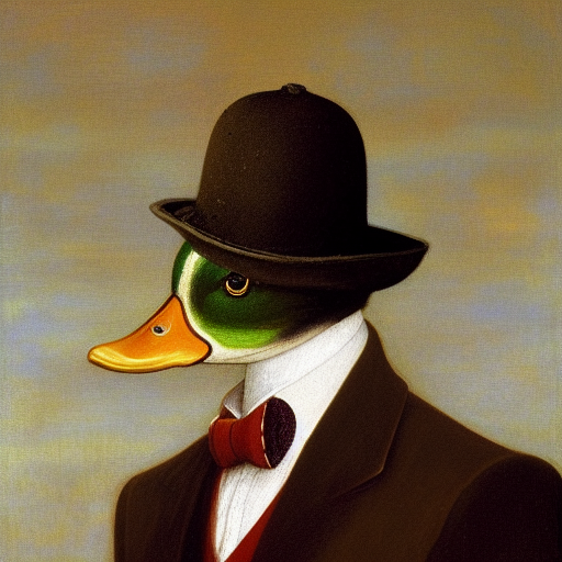 Duck head in suit Renaissance painting, closeup, John Atkinson Grimshaw classic oil painting of a distinguished well dressed mallard in suit and tie, upper body of a man, posing, good posture, highly detailed, extremely grainy, matte, soft lighting, muted colors, desaturated, hieronymous bosch, da vinci, hyper realistic, Steve McCurry, Eric Lafforgue