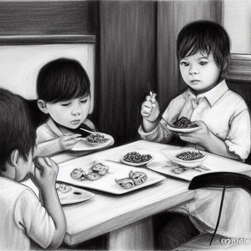 hungry children eating at dinner painting black and white pencil illustration high quality