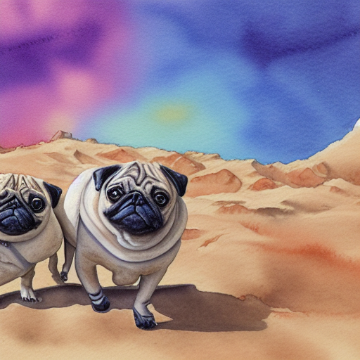 Watercolor of pugs on mars

