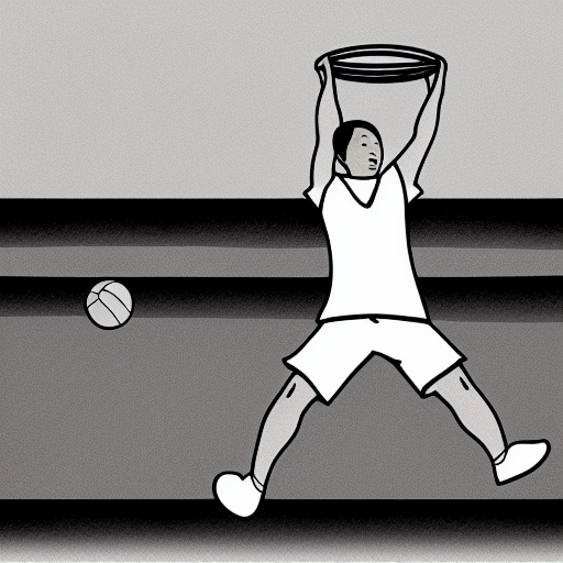 a middle-aged asian father dunking a ball black and white pencil illustration high quality