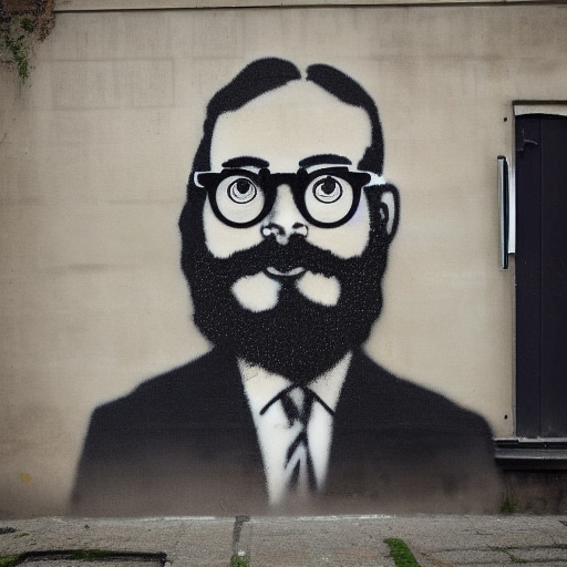 27 year old bearded man wearing glasses, long hair, street art by banksy