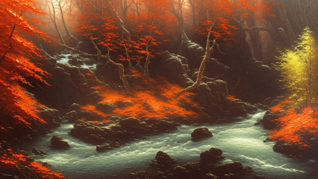 A highly detailed oil painting by Greg Rutkowski and Thomas Kinkade of a secret cave with lots of dark grey rocks, and a river flowing through the middle of it, with a single tree growing in the river with lots of bright red and orange leaves.