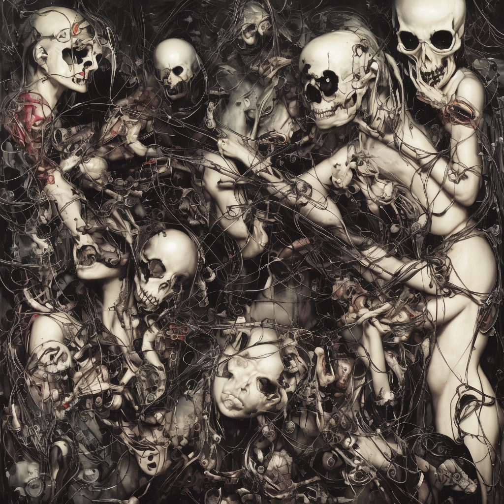 in a dark room, a cybergoth hacker, skulls, wires cybernetic implants, machine noir grimcore, in the style of adrian ghenie esao andrews jenny saville surrealism dark art by james jean takato yamamoto and by ashley wood