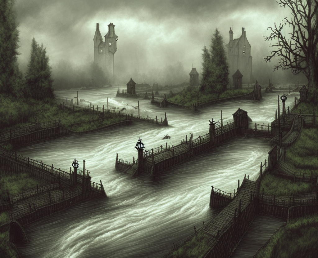 dark medieval, river lock with sluice on a wide rapid river, different water levels, Warhammer fantasy, one building, summer, trees, fishing, nets, misty, overcast, Dark, creepy, grim-dark, gritty, Yuri Hill, hyperdetailed, realistic, illustration, high definition, 4K, oil on canvas
