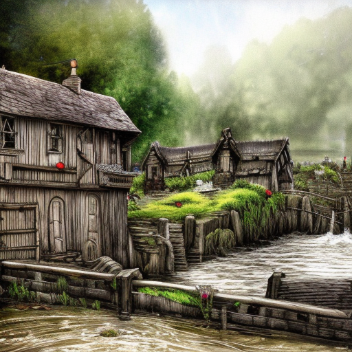 Dark medieval river lock with two sluices on wide river with rocks, lock gates, one house, Warhammer fantasy, summer, bushes, trees, nets, fishing, fish, water-lily, boat, poor, black adder, muddy, puddles, misty, overcast, Dark, creepy, grim-dark, gritty, detailed, realistic, illustration, cinematic, high definition