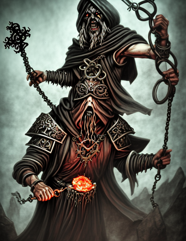 cultist dark sorcerer of Belakor with chained book, using shadow magic, Warhammer fantasy, creepy, grim-dark, gritty, realistic, illustration, high definition
