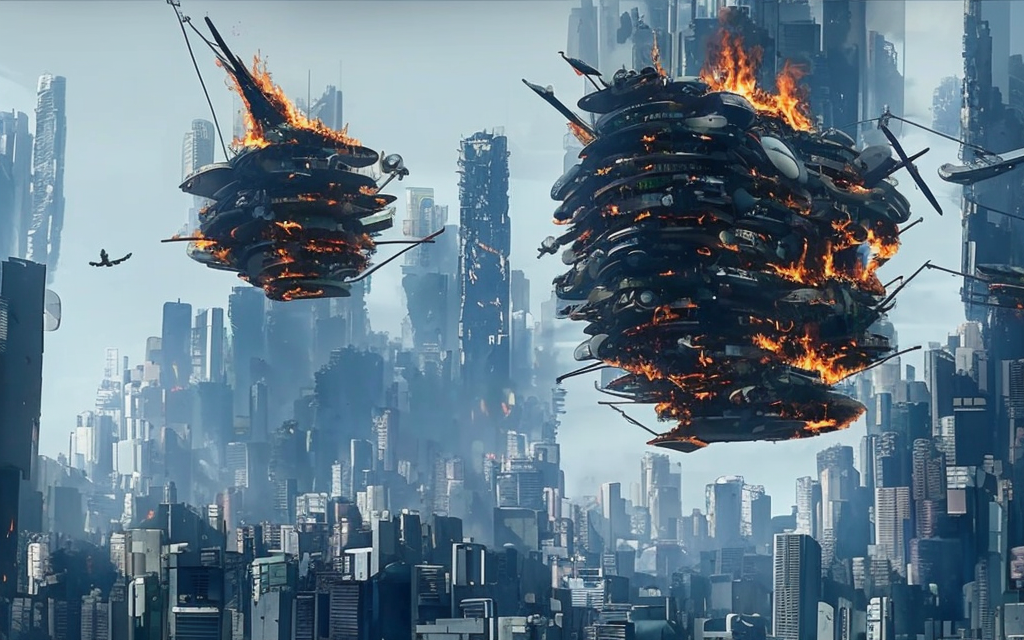 realistic ghost in the shell flying building made of parts and rubbish on fire