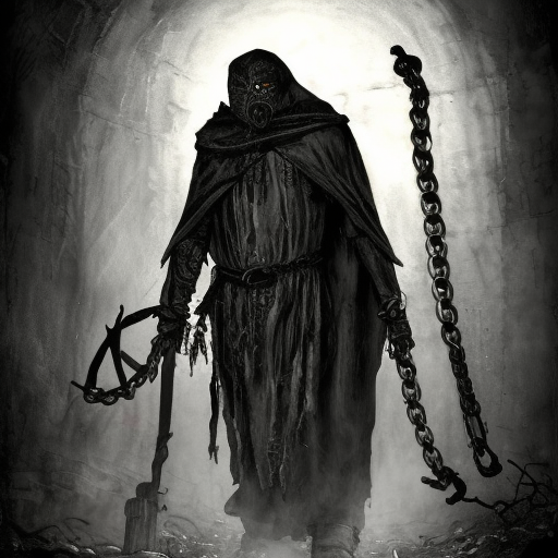 cultist of Belakor in black hood in medieval dark alley, evil book, belt made from chains, soot-covered face, big black nails in flesh, black shadow magic, Warhammer fantasy, creepy, grim-dark, gritty, realistic, illustration, high definition