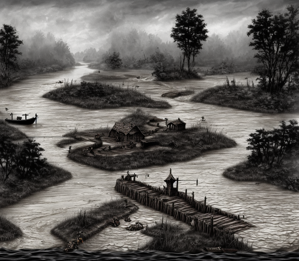dark medieval wide straight river, rocky rapids, Warhammer fantasy, lock with two sluices between island and shore, levelled water, one house, rocks, summer, trees, nets, fishing, fish, water-lily, boat, black adder, muddy, misty, overcast, Dark, creepy, grim-dark, gritty, hyperdetailed, realistic, illustration, high definition