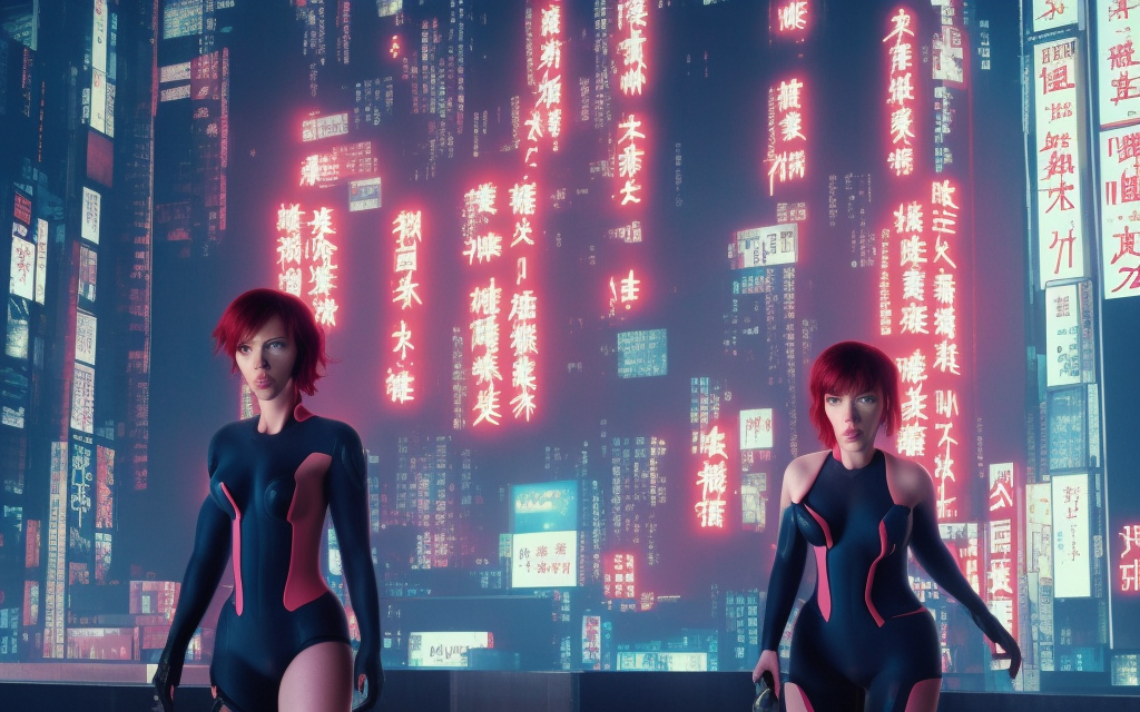 realistic scarlett johansson character from ghost in the shell, falling into futuristic tower city on fire, neon english and japanese billboards


