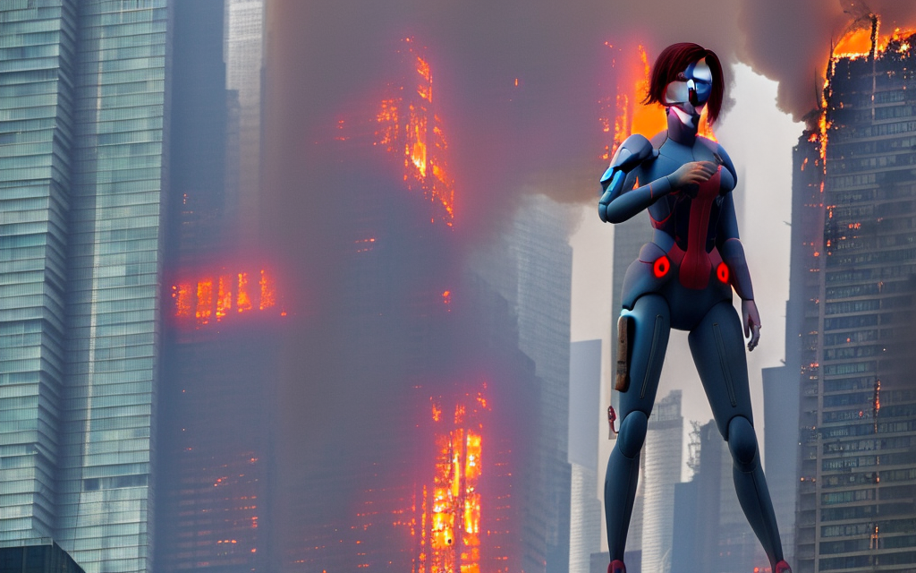 realistic running scarlett johansson character from ghost in the shell, futuristic tower city on fire, neon billboards

