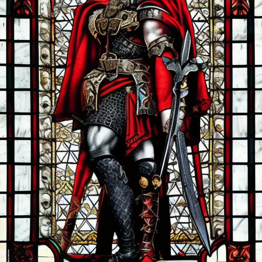 dark medieval, young evil satanic gladiator holds a sword, Warhammer fantasy, intricate stained glass, black and red, gold and blue, grim-dark, detailed, gritty